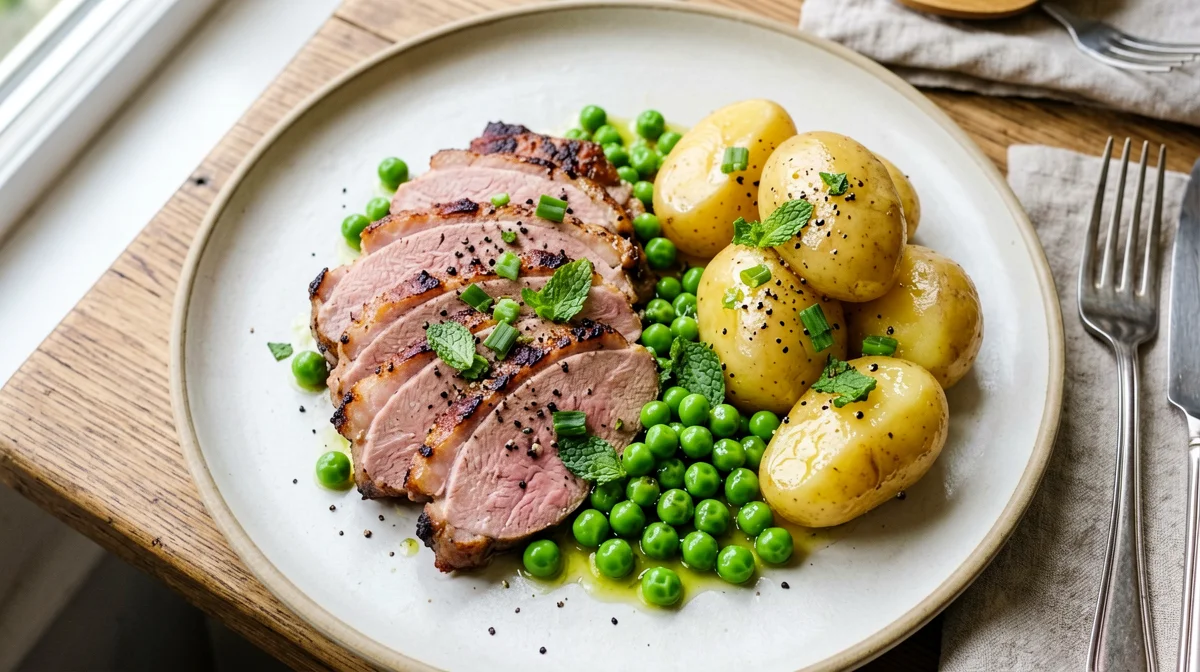 Duck breast with minted peas and new potatoes
