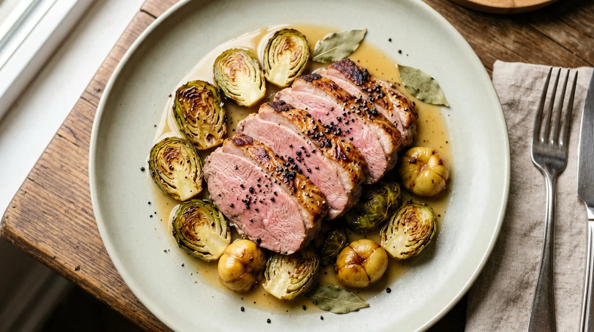 Petto d'anatra con castagne e cavoletti