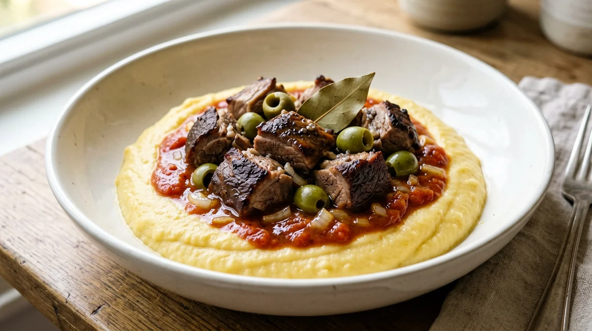 Anatra in umido con olive e polenta