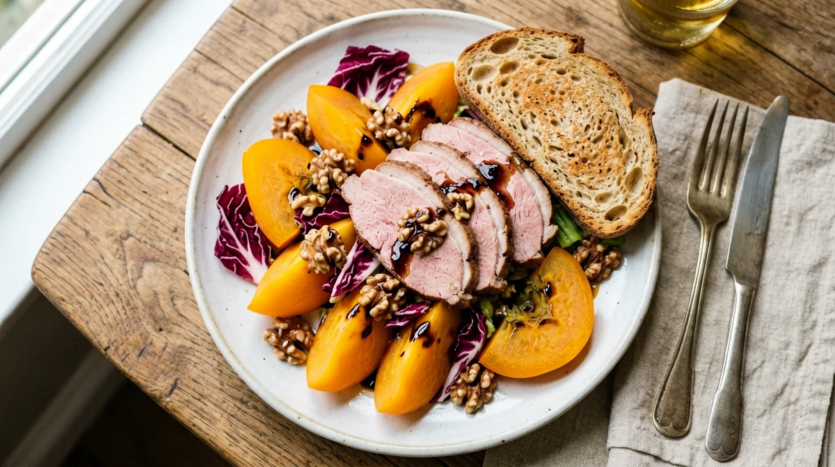 Duck breast with persimmon, radicchio and bread