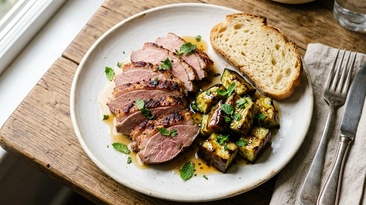 Petto d'anatra con melanzane in agrodolce e pane