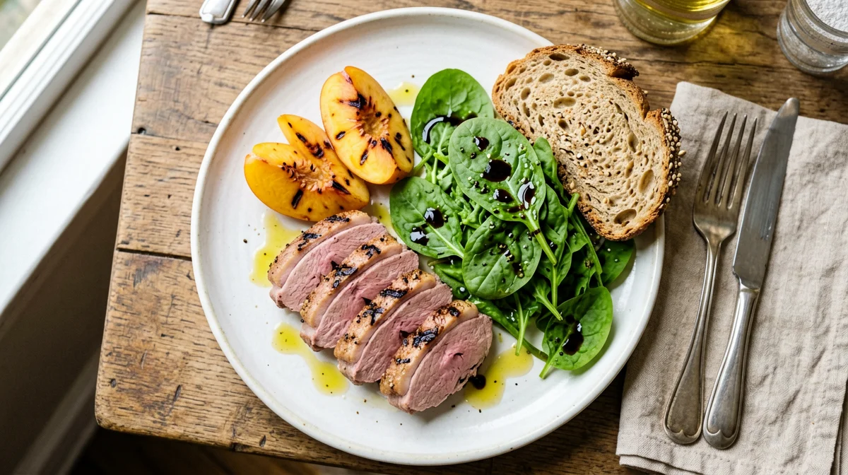 Petto d'anatra con pesche grigliate, rucola e pane