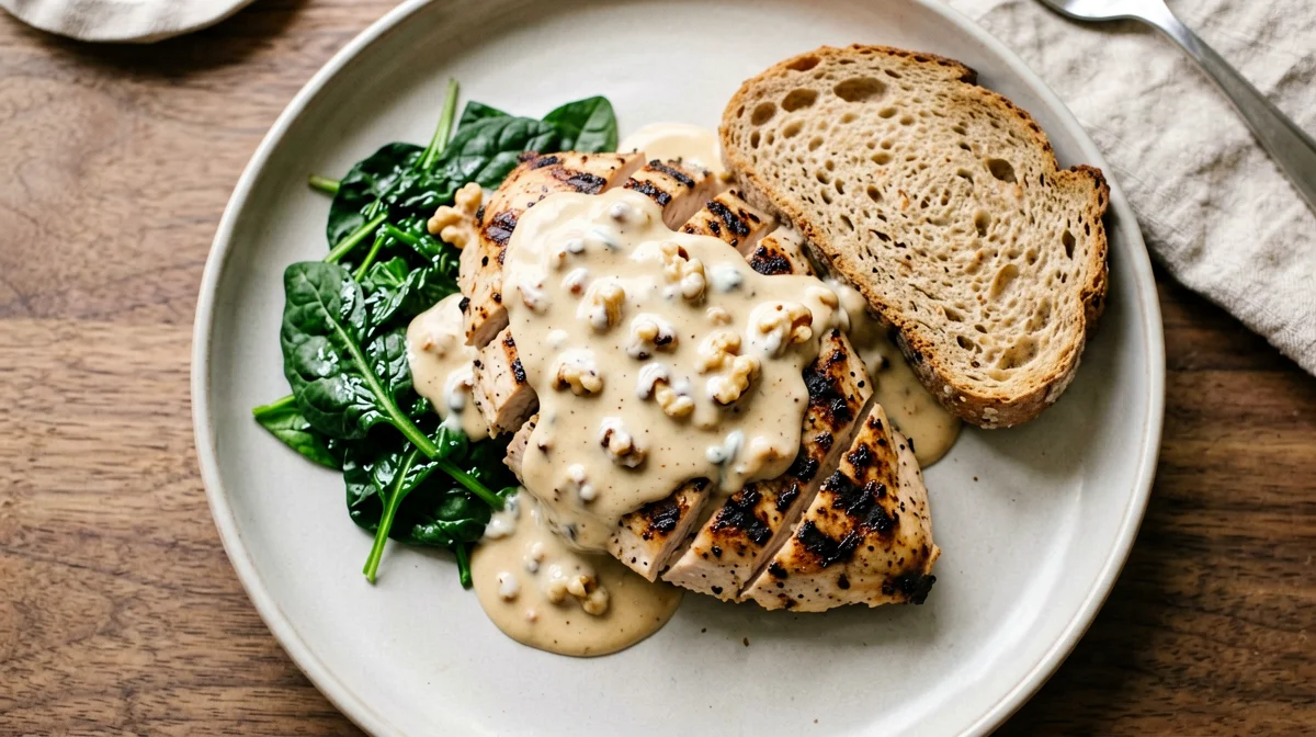 Chicken breast with walnut sauce and spinach