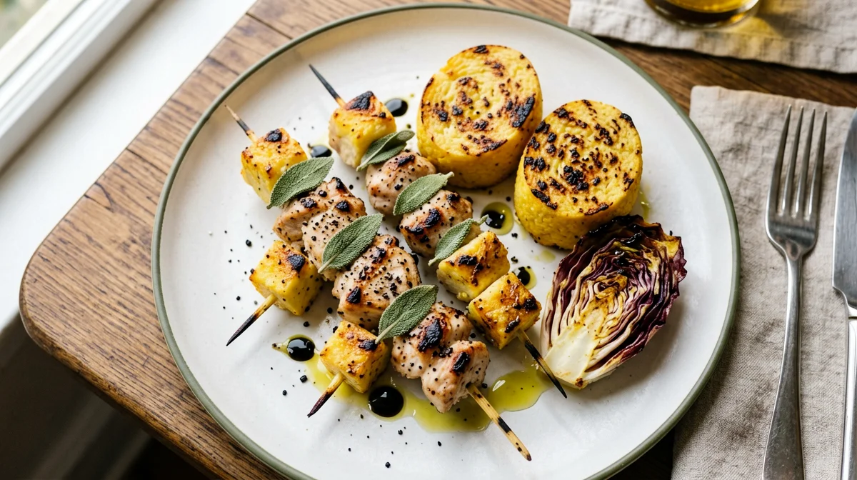 Spiedini di pollo alla salvia con polenta e radicchio