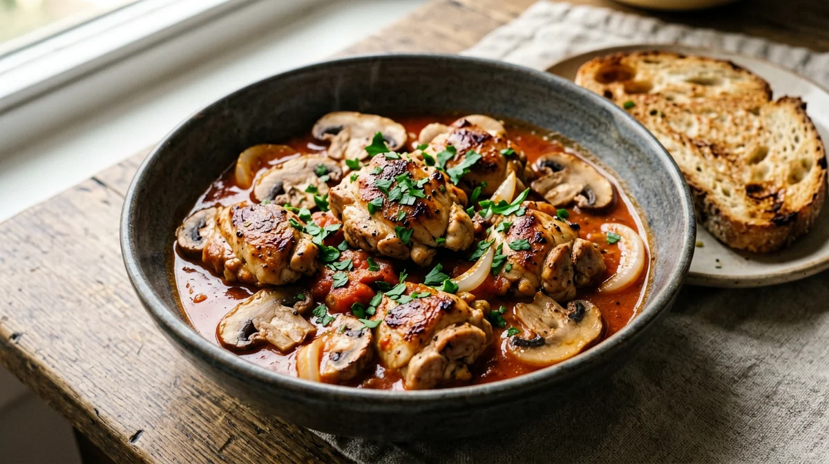 Pollo alla Marengo con funghi e pane