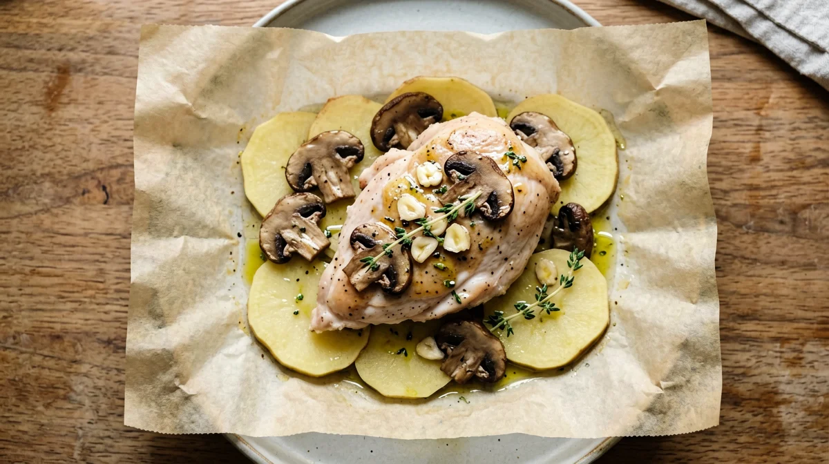 Pollo al cartoccio con funghi e patate