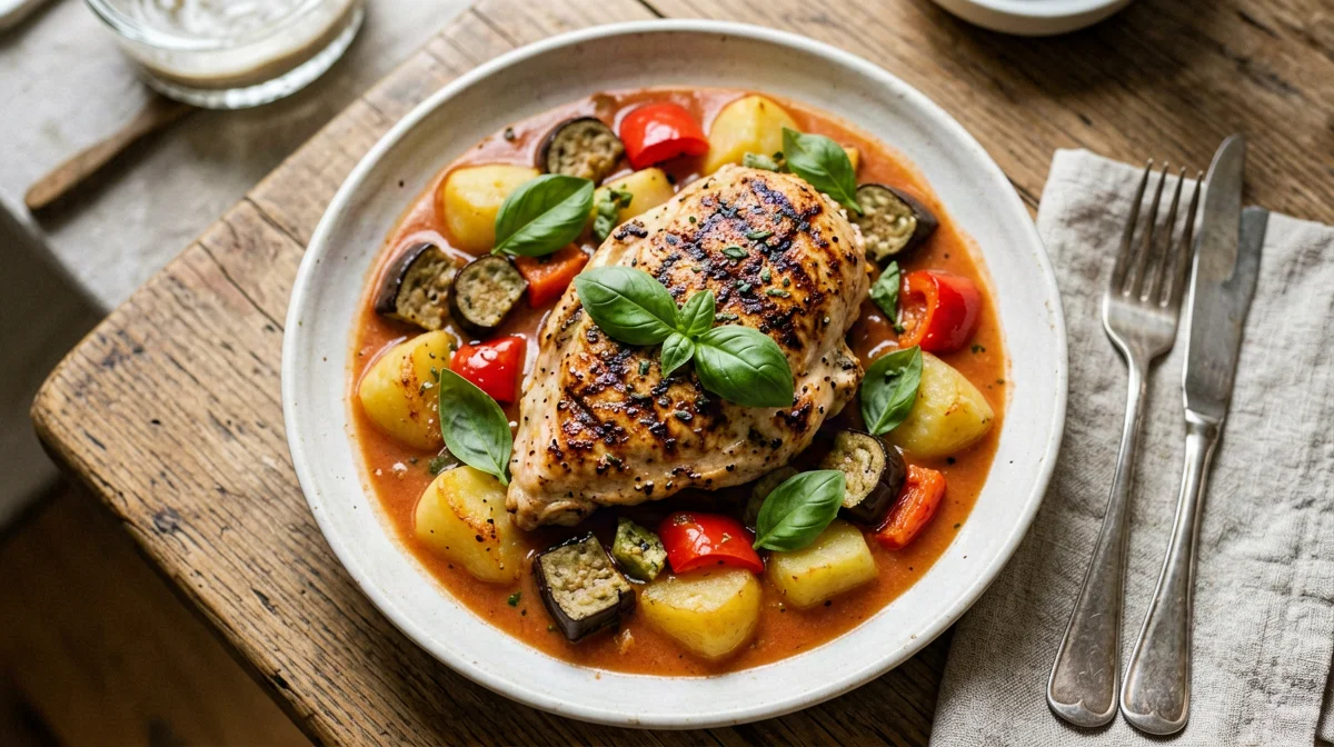 Pollo con ciambotta di patate, peperoni e melanzane