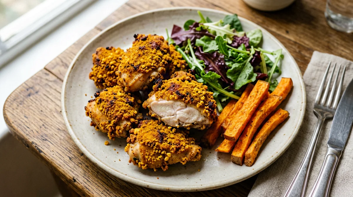 Bocconcini di pollo in crosta di mais con patate dolci e insalata