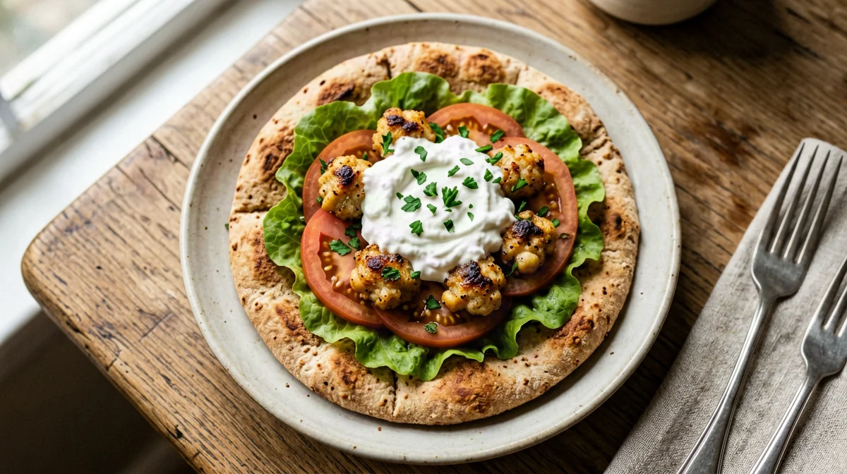 Baked chicken and chickpea meatballs in pita with salad