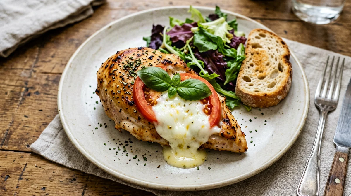 Caprese-stuffed chicken breast with salad and bread