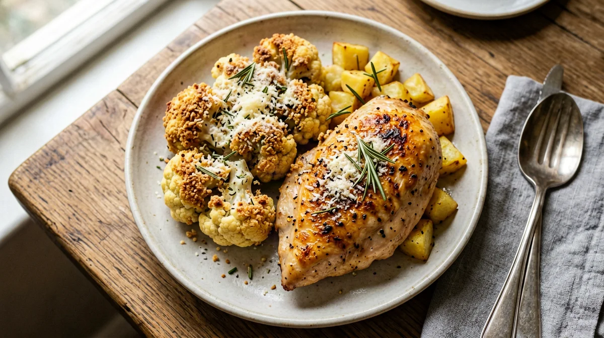 Chicken with cauliflower gratin and potatoes