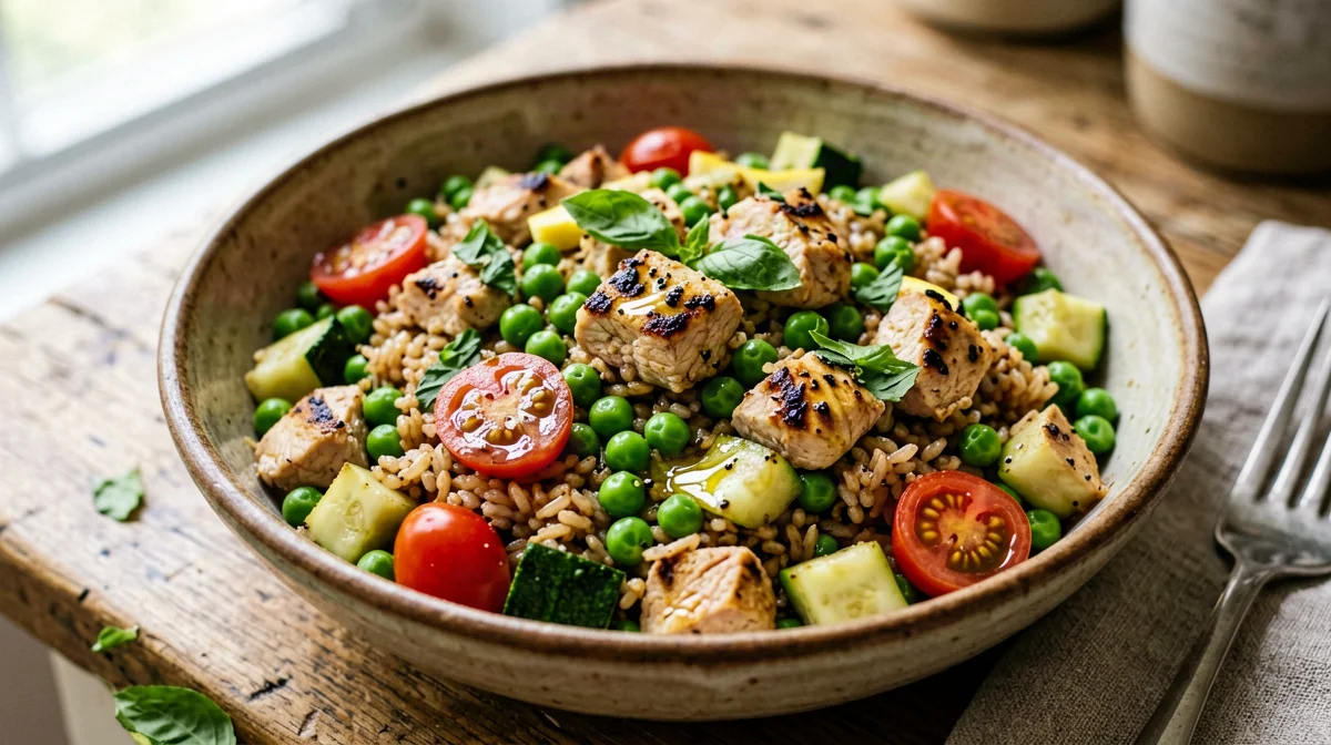 Brown rice salad with chicken, peas and zucchini