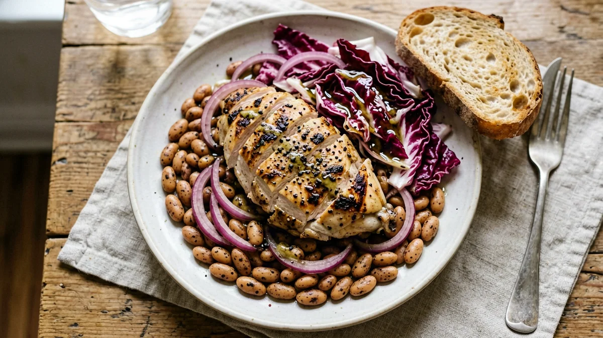 Chicken with borlotti beans, radicchio and bread
