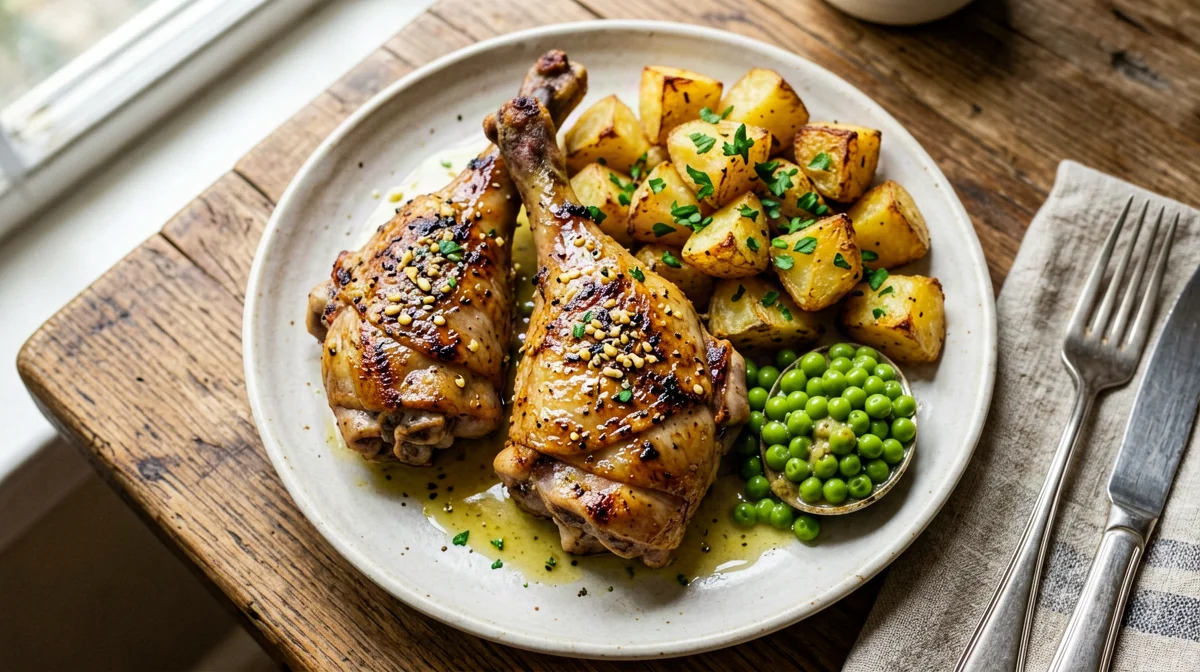 Fusi di pollo all'aglio e limone con piselli e patate
