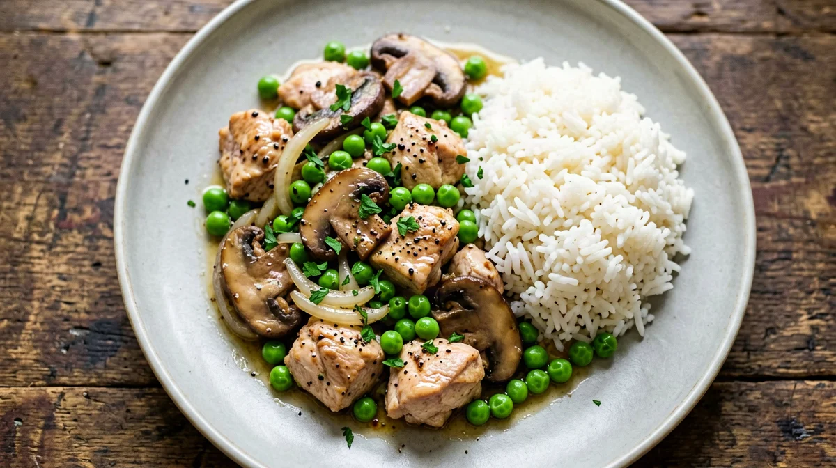 Pollo con champignon, piselli e riso