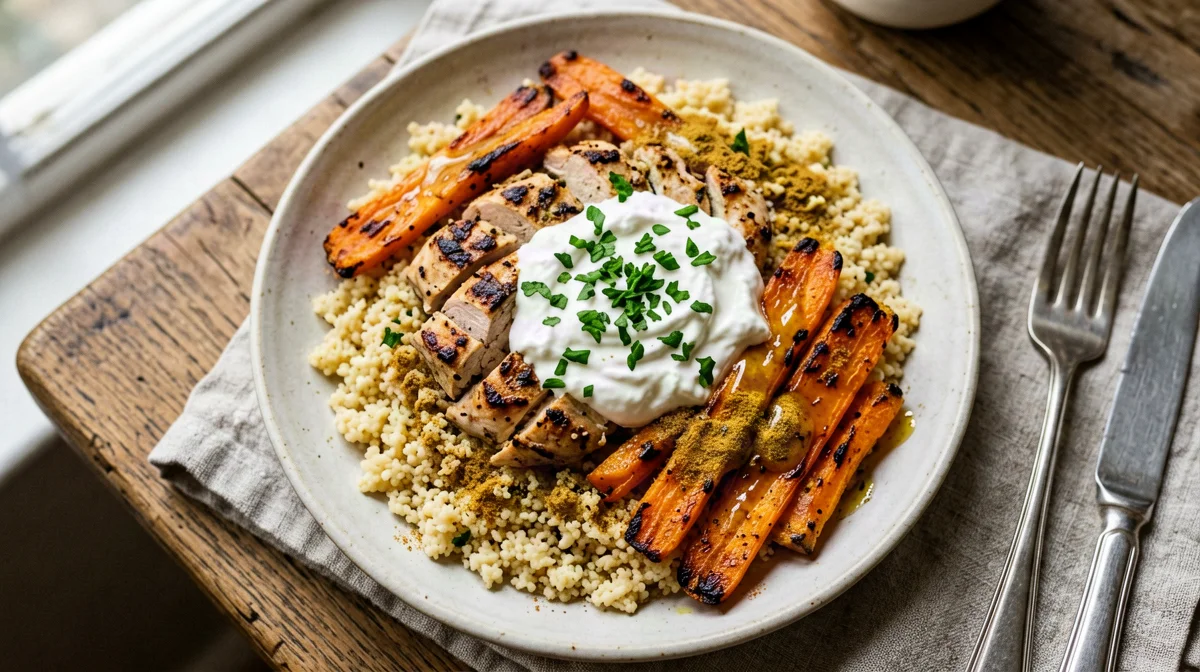 Chicken with cumin-roasted carrots and couscous