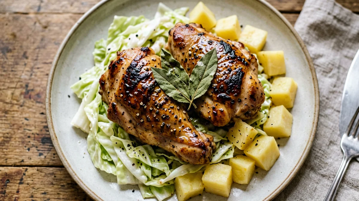 Cider vinegar and sage chicken with Savoy cabbage and potatoes