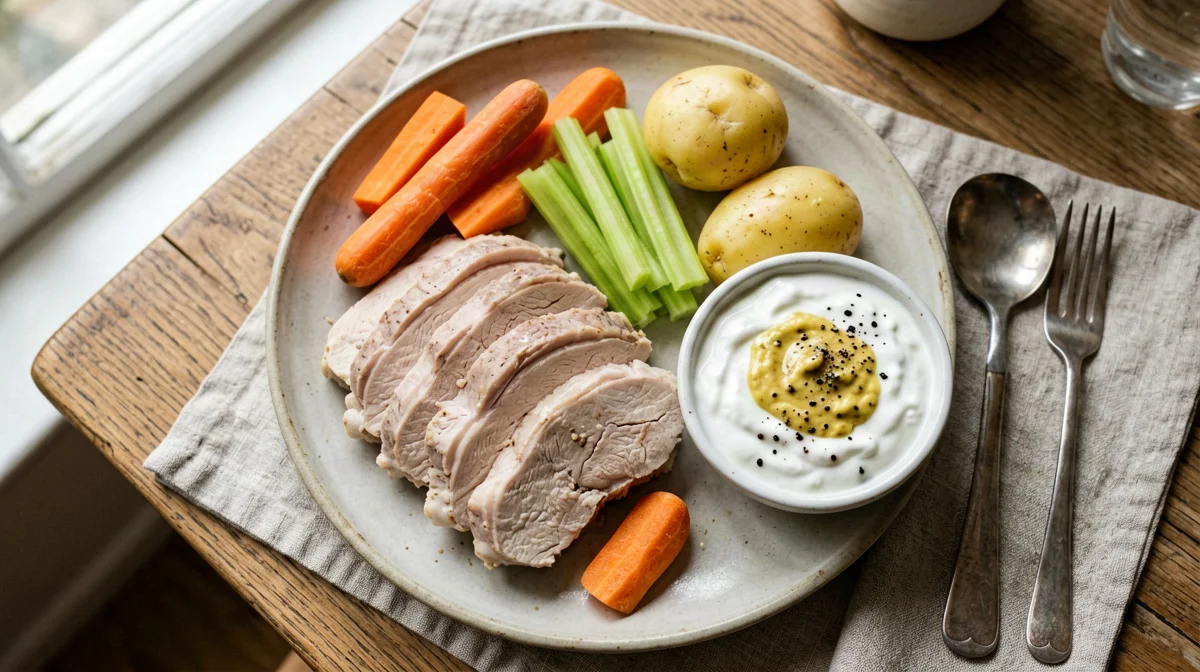Bollito di cappone con verdure e salsa al rafano