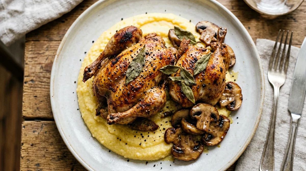 Roast quail with polenta and mushrooms