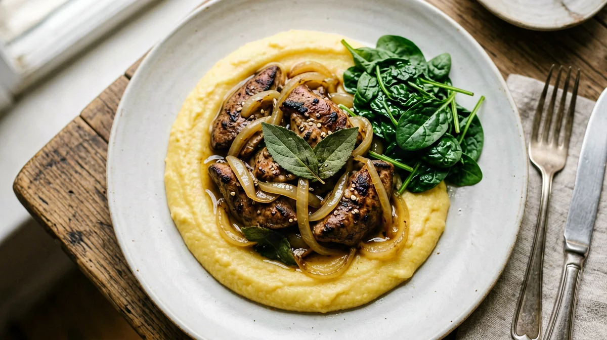 Sage chicken livers with polenta and onions