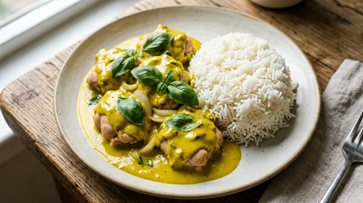 Chicken in yellow pepper sauce with basmati rice
