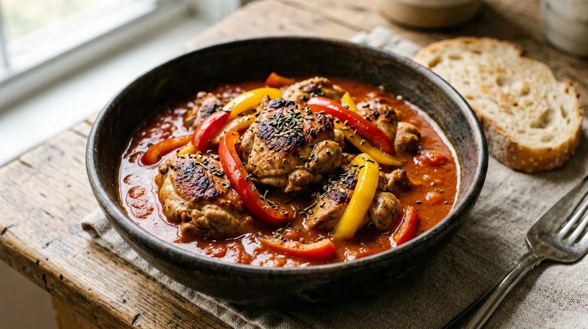 Roman-style chicken with peppers, tomato and bread