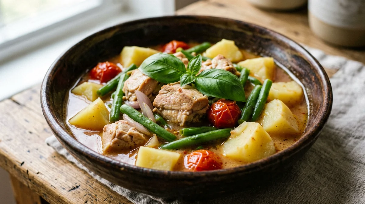Pollo con fagiolini e patate in umido al basilico