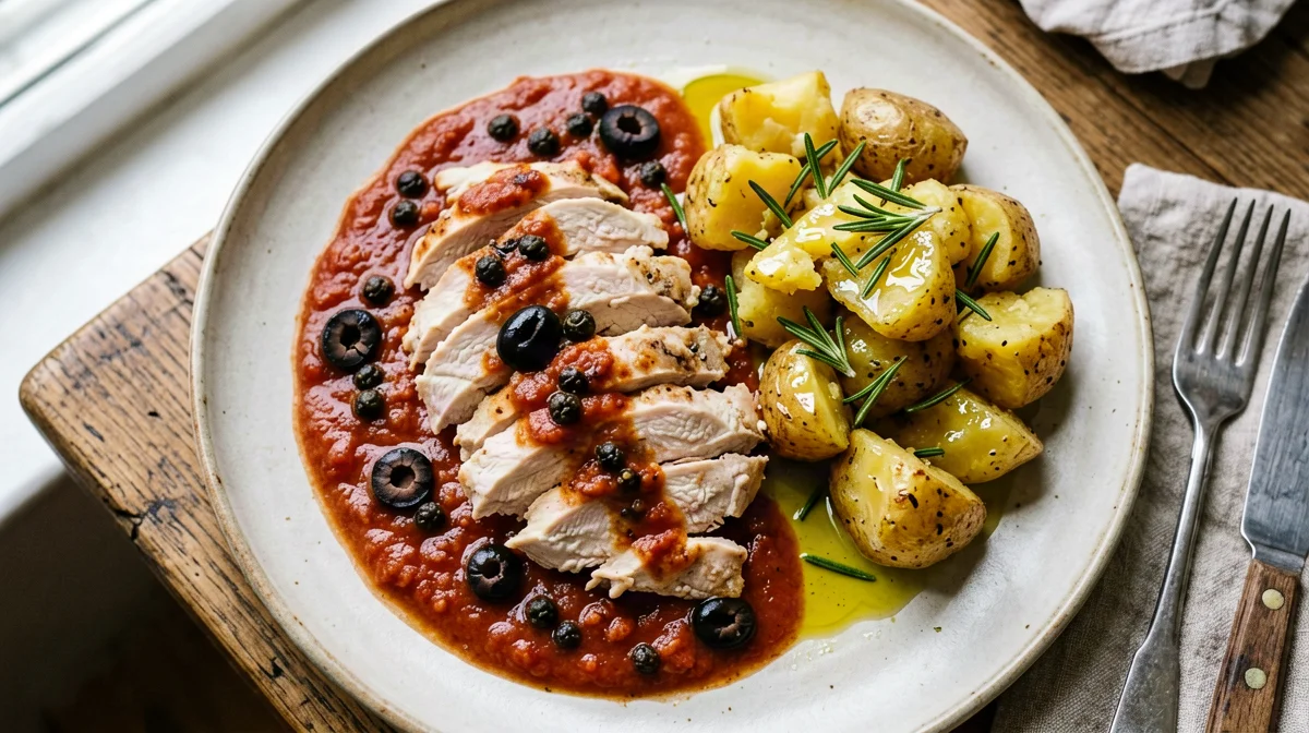 Chicken in tomato and olives with crushed potatoes