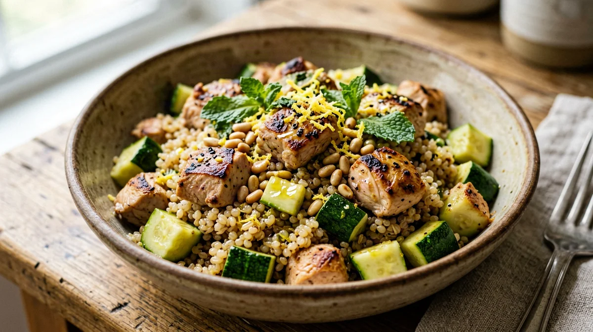 Chicken pan with zucchini, mint, pine nuts and farro