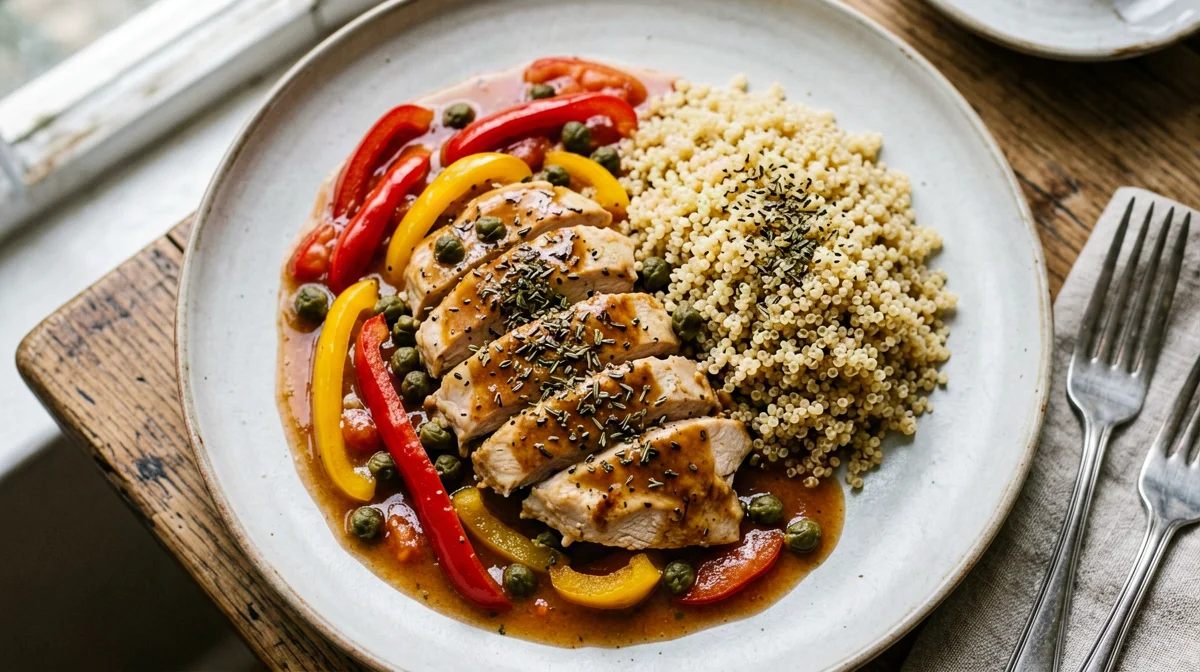 Pollo alla pizzaiola di peperoni con quinoa