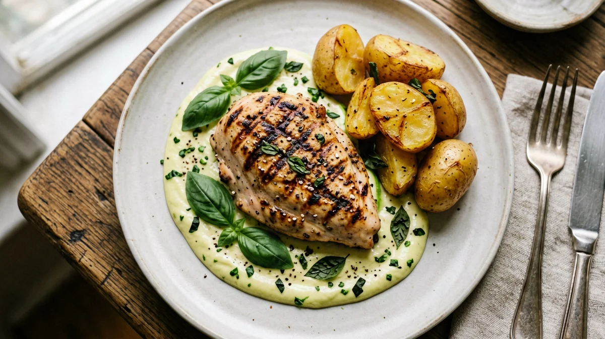 Pollo con crema di zucchine al basilico e patate novelle
