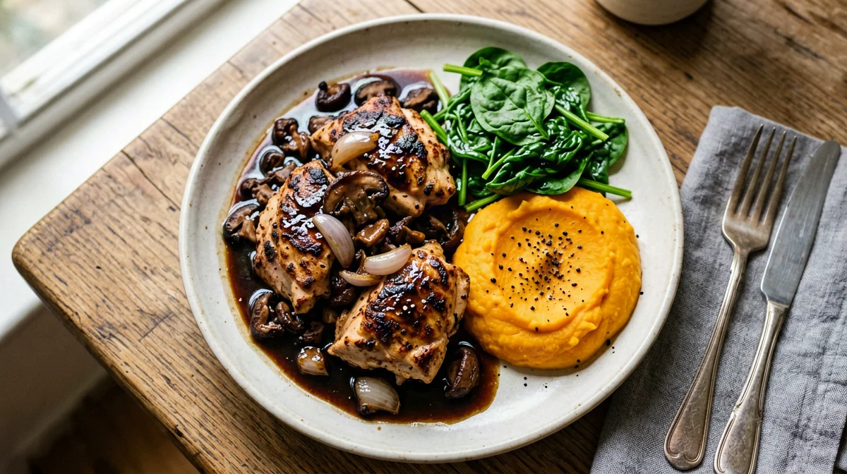 Medaglioni di tacchino ai funghi secchi con purè di patate dolci