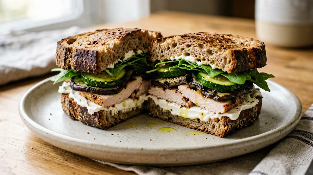Panino integrale con tacchino grigliato, verdure e stracchino