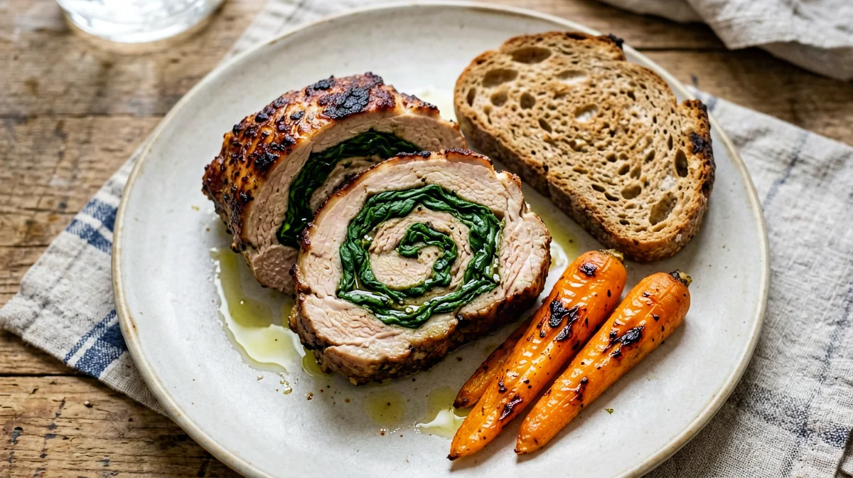 Spinach-stuffed turkey meatloaf with roast carrots