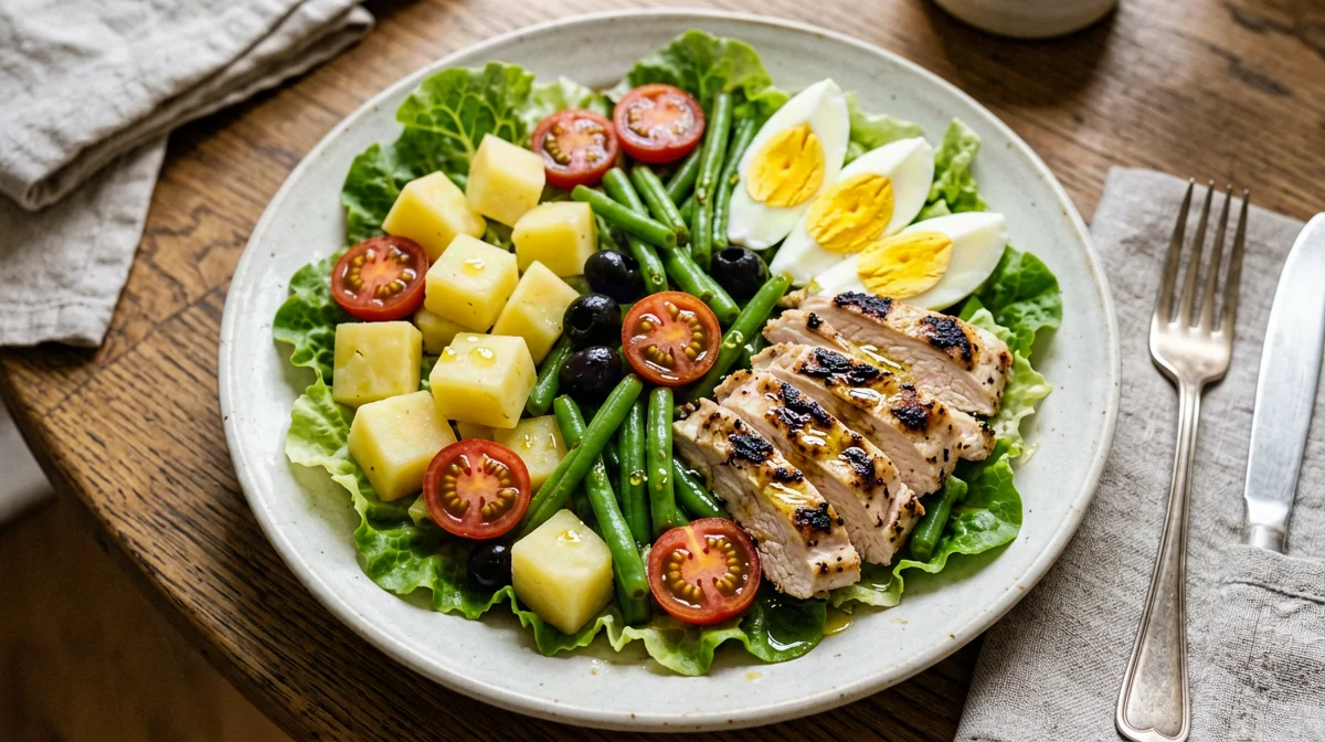 Insalata di tacchino, fagiolini, patate e uovo sodo
