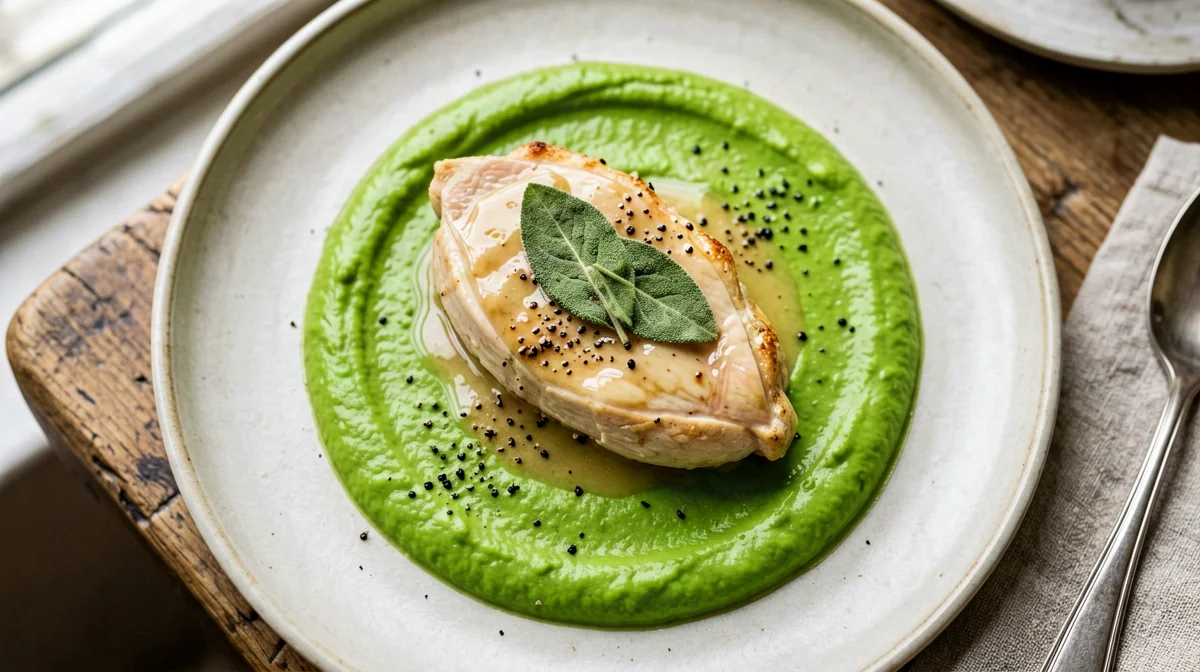 Sage turkey scaloppine with pea purée