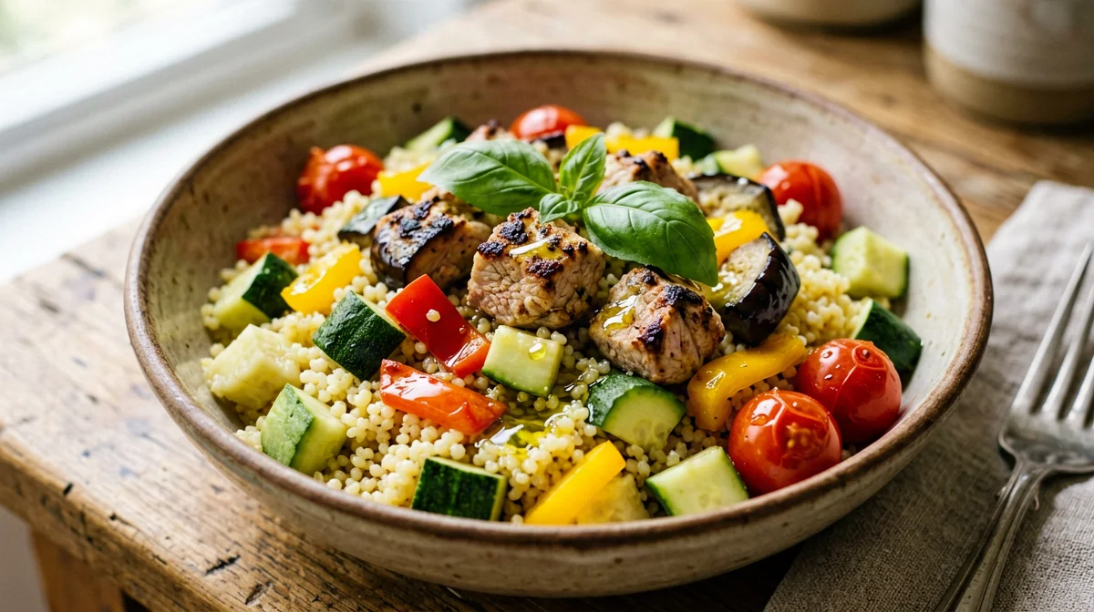 Turkey with summer vegetable sauté and millet