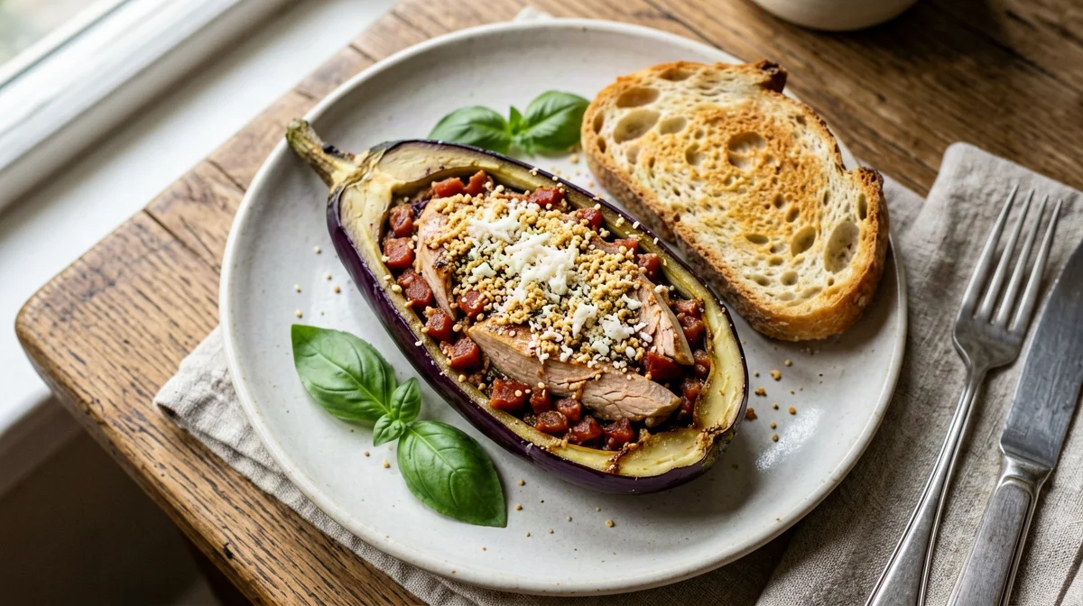 Baked aubergine stuffed with turkey, with bread