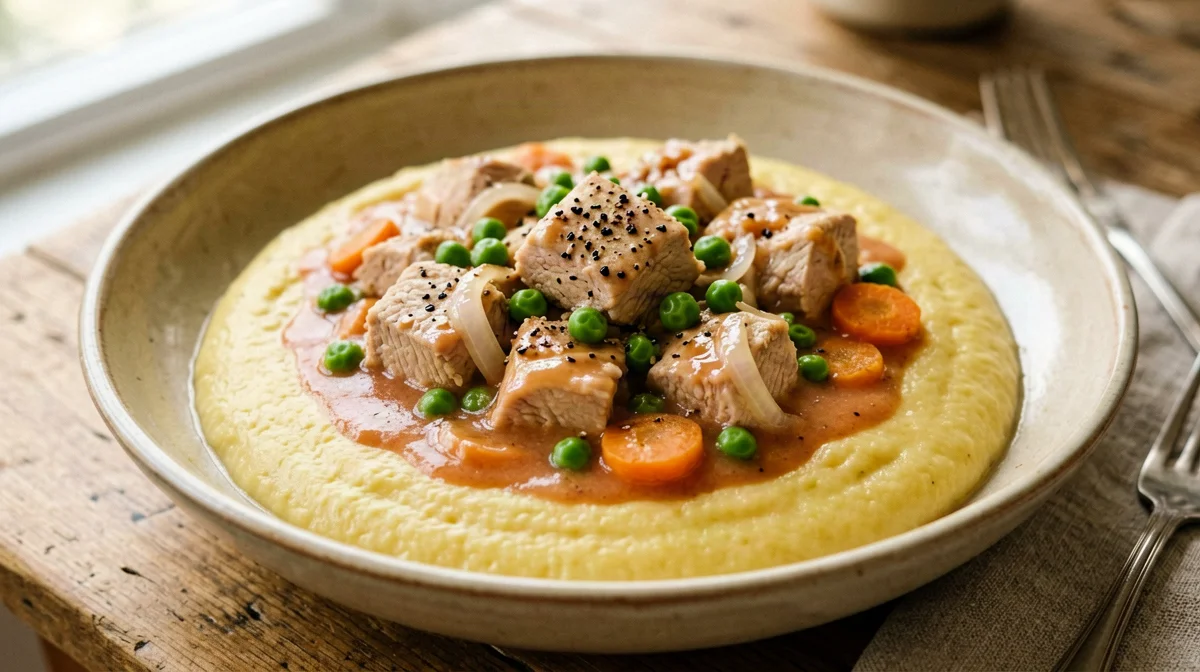 Turkey stew with peas and carrots on polenta