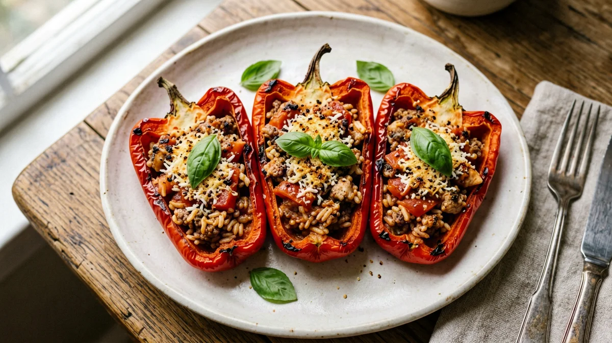 Peperoni ripieni di pollo e riso al forno