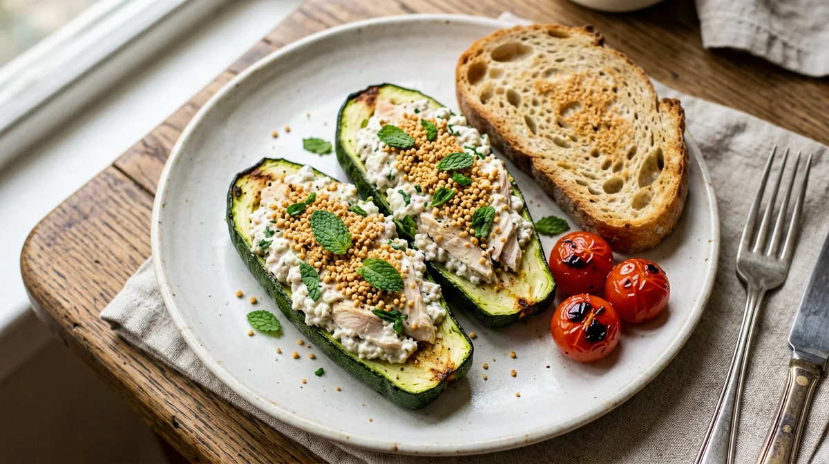 Zucchini stuffed with chicken and ricotta, with bread