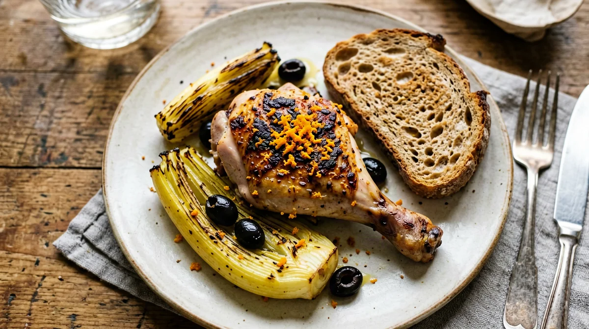 Roast chicken legs with fennel, olives and bread