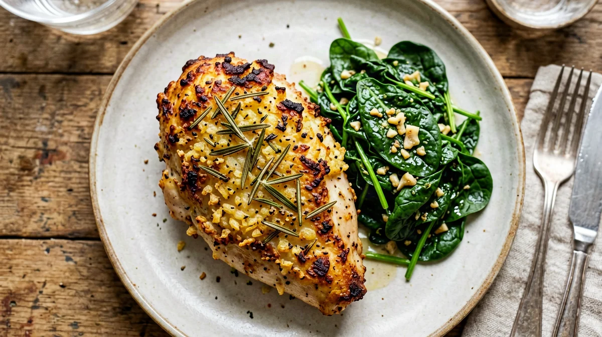 Potato-crusted chicken with spinach