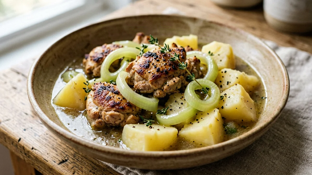 Pollo con porri e patate in tegame