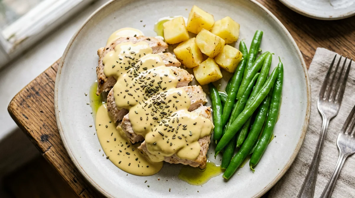 Pollo alla senape e dragoncello con fagiolini e patate
