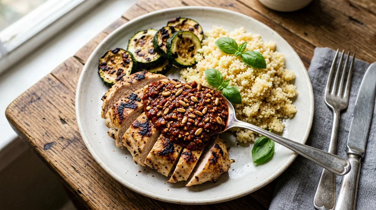 Pollo al pesto rosso con zucchine grigliate e couscous