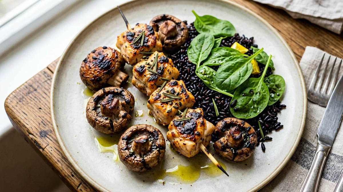 Chicken and mushroom skewers with black rice