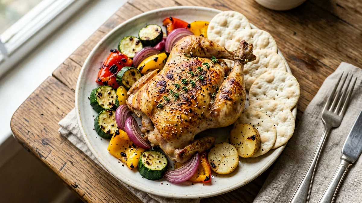 Thyme roast spring chicken with seasonal vegetables