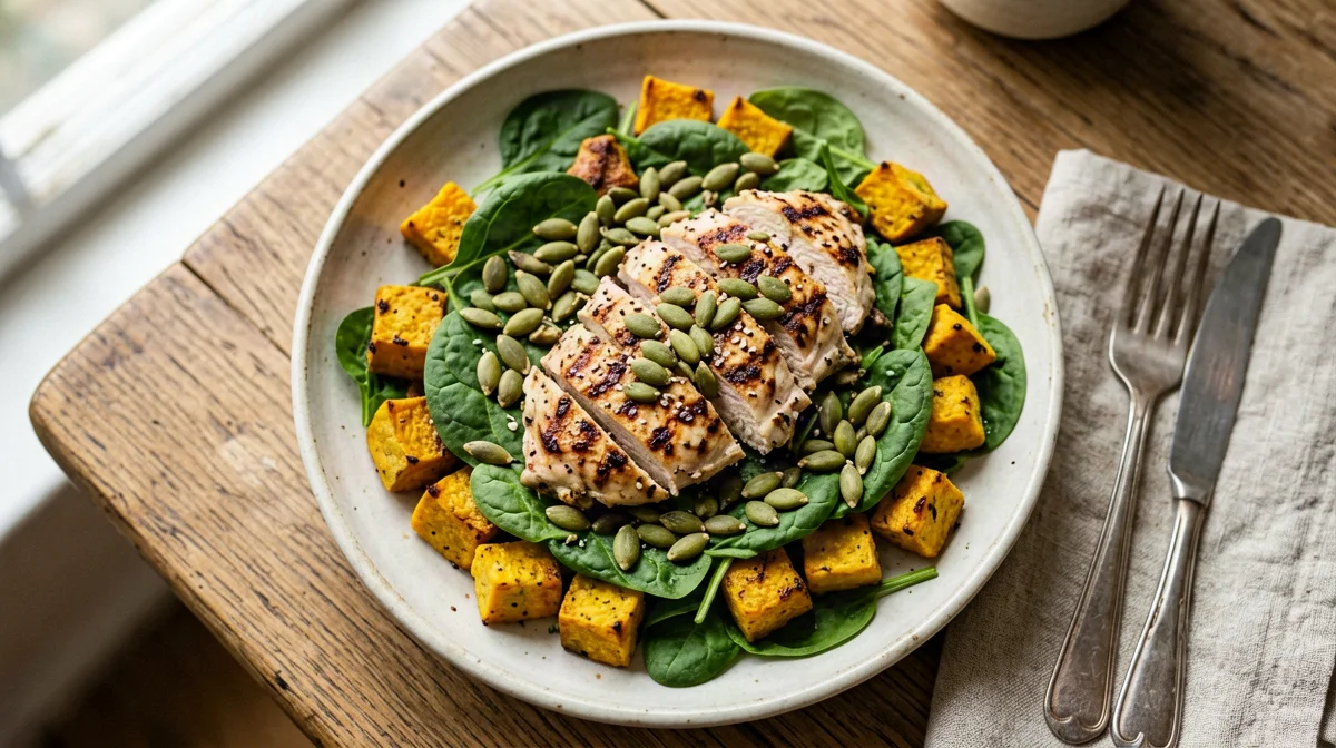 Pollo grigliato con insalata tiepida di patate dolci e spinaci