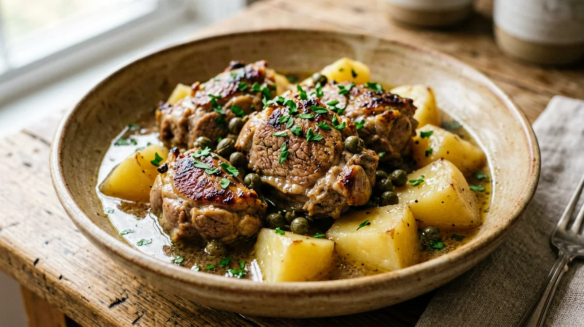 Rabbit with capers and anchovies and potatoes